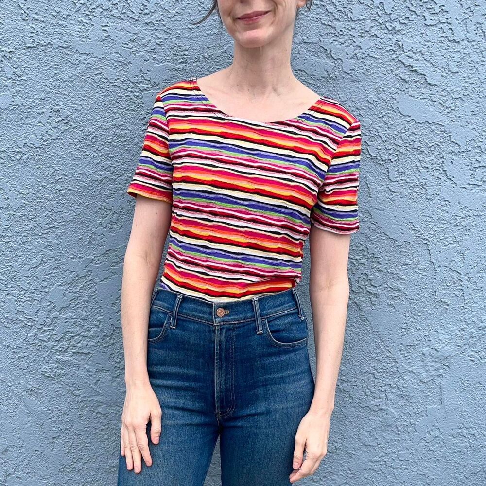 90s Striped Shirt Rainbow tee Medium